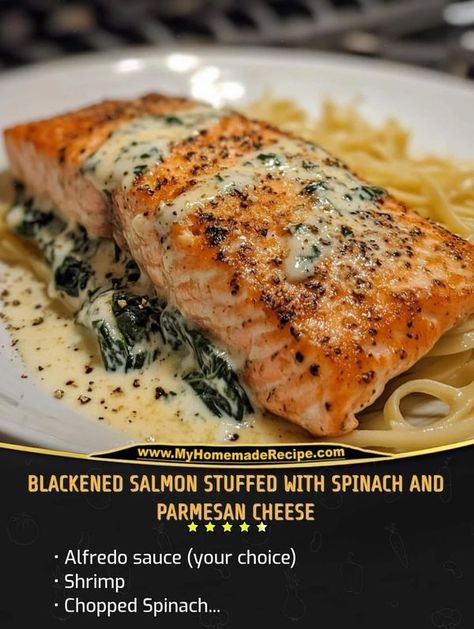 Mediterranean Kitchen Recipes | BLACKENED SALMON STUFFED WITH SPINACH AND PARMESAN CHEESE | Facebook Salmon Stuffed With Spinach, Salmon Stuffed, Stuffed Salmon, Blackened Salmon, Homemade Sauce Recipes, Mediterranean Kitchen, Individual Servings, Mediterranean Dishes, Girl Dinner