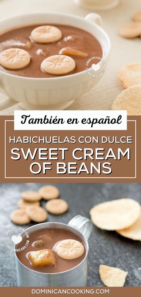 Have you ever had habichuelas con dulce? Well, then be prepared to be pleasantly surprised by this amazing Dominican sweet cream of beans. This is a strange combination of ingredients for a dessert, but we Dominicans absolutely love this Lenten tradition! 11 million Dominicans can't agree on the exact same recipe for Habichuelas con Dulce. It's a very forgiving dish that even the beginner cook can make well, and hey! Dominican Sweet Beans Recipe, Dominican Deserts, Dominican Thanksgiving Dinner, Sweet Beans Recipe, Quesillo Recipe, Dominican Beans Recipe, Dominican Dishes, Dominican Cuisine, Dominican Cooking