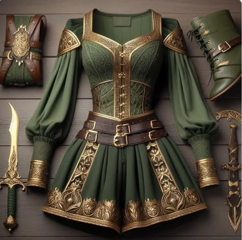 Green Fantasy Outfit, Elvish Clothing, Elven Outfit, Knight Outfit, Celtic Clothing, Warrior Outfit, Clothing Design Sketches, Concept Clothing, Fantasy Gowns