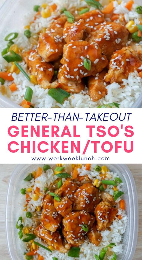 Chicken And Tofu Recipes, Tofu And Chicken Recipe, General Tso's Chicken Recipe, Tofu Recipes Healthy, Healthy Weekly Meal Plan, Tofu Recipes Easy, Chicken Lunch, Healthy Chicken Recipes Easy, General Tso Chicken