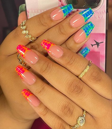 Festival French Tip Nails, Square Coloured Tip Nails, Croc Print French Tip Nails Almond, Funky Holiday Nails, Orange Blue And Pink Nails, Blue Pink And Orange Nails, Pink And Orange Croc Nails, Orange Croc Print Nails, Orange Croc Nails