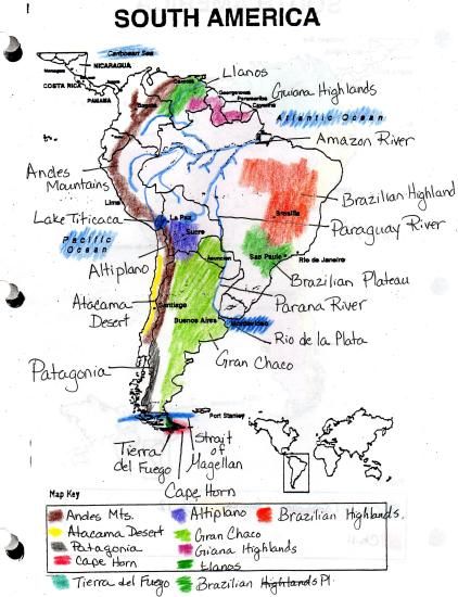 South America landforms map - Mrs. Morgan at Dallas Middle School via TeacherWeb Physical Map Of South America, South America Itinerary, America Itinerary, Brazil Summer, Middle School Projects, 7th Grade Social Studies, America Memes, South America Map, Backpacking South America