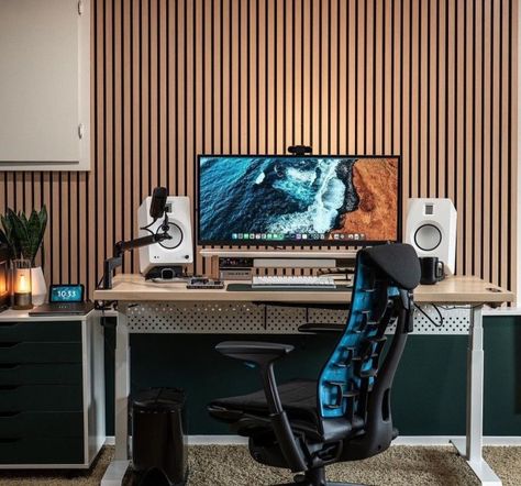 Office Accent Wall, Dream Desk Setup, Black Accent Walls, Dream Desk, Sound Panel, Studio Desk, Wood Slat Wall, Latest Interior Design Trends, Functional Desk