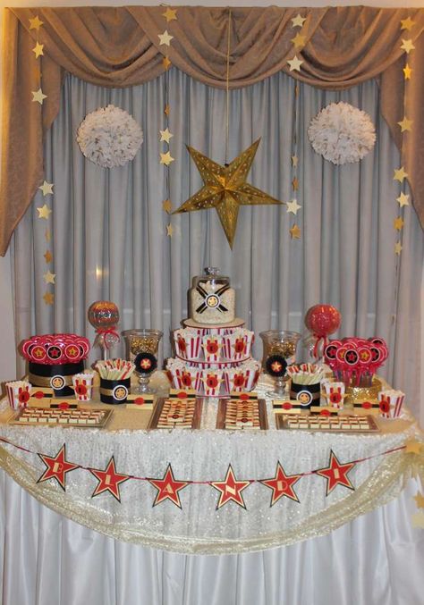 Red Carpet Candy Bar  | CatchMyParty.com Grad Party Candy Bar, Gold Candy Bar, Quinceañera Party Ideas, Candy Bar Table, 11 Birthday, Red Carpet Affair, 17th Birthday Ideas, Hollywood Party Theme, Candy Bar Party