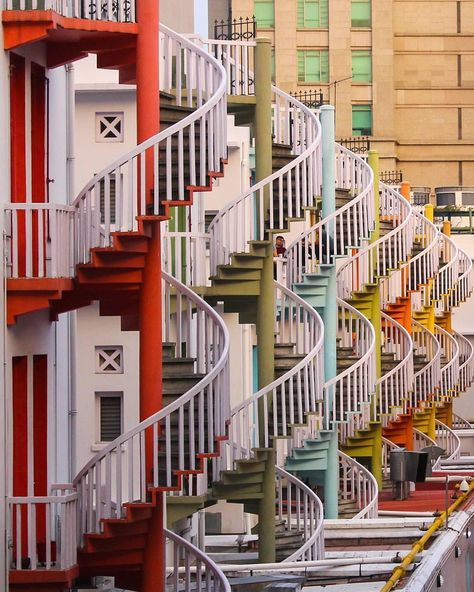 Always something to stair at behind old shophouses. 👀  📷: @brookehopdu   #VisitSingapore Outdoor Spiral Staircase, Spiral Staircase Outdoor, Haji Lane Singapore, Places In Singapore, Tiled Staircase, Tiong Bahru, Holiday In Singapore, Stair Kits, Staircase Landing