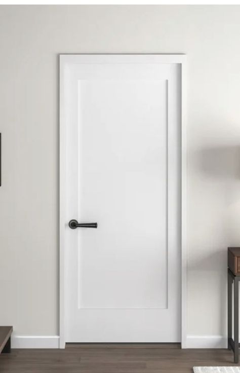 Minimal Door Trim Ideas, Pure White Doors, Plain Doors Interior, Minimal Door Trim, Modern Door Trim Ideas Interior, Modern Door Frame, Single Panel Interior Doors, Modern Door Interior, Single Panel Shaker Door