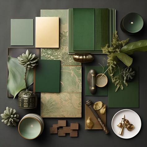 #interiordesign #interior #interiordesignideas #green #home #homedecorideas Green Interior Pallete, Green Interior Design Aesthetic, Green Black Gold Interior, Home Green Decor, Green Gold Wood Interior, Elemental Interior Design, Green And Gold Home Office, Green Material Board, Mood Boards Green