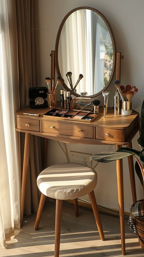 Makeup Mirror Bedroom Ideas, Boho Chic Vanity, Dresser As Makeup Vanity, Wooden Vanity Makeup, Dresser With Vanity Mirror, Minimalist Vanity Ideas, Makeup Setup In Bedroom, Boho Vanity Ideas Bedroom, Brown Vanity Bedroom