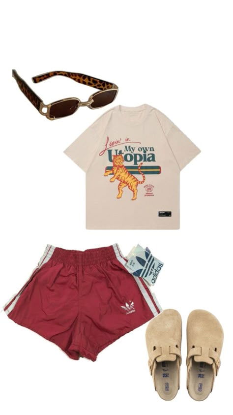 Tortoise shell sunglasses, utopia graphic tea, red adidas shorts, tan Birkenstock clogs Red Adidas Shorts Outfit, Red Shorts Outfit Aesthetic, Zante Girls Holiday, Wlw Fashion, Adidas Shorts Outfit, Outfits Overalls, Granola Boy, Outside Clothes, Bali Outfit