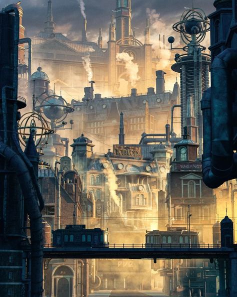 Steampunk Moodboard, Dieselpunk Aesthetic, Steampunk Building, Steampunk World, Steampunk City, Steampunk Artwork, Steampunk Aesthetic, Rpg Map, Fantasy City