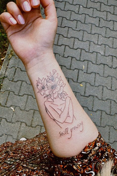 #tattoo #tattooideas #tattoosforwomen #tattoofloral #tattootext Dont Rush Your Growth Its A Natural Process Tattoo, Self Growing Tattoo, Growth And Healing Tattoo Ideas, Grow Your Mind Tattoo, Woman Growing Tattoo, Never Stop Growing Tattoo, Self Love With Flowers Tattoo, Tattoo Showing Growth, Daring Greatly Tattoo