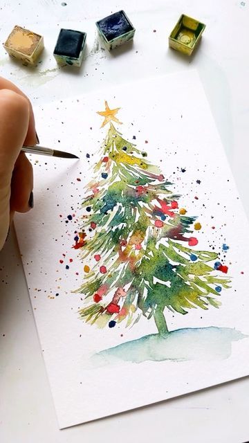 Watercolor Christmas Cards Diy, Painted Christmas Cards, Christmas History, Watercolor Christmas Tree, Learn Watercolor, Christmas Card Art, Homemade Christmas Cards, Easter Decorations Ideas, Watercolor Christmas Cards