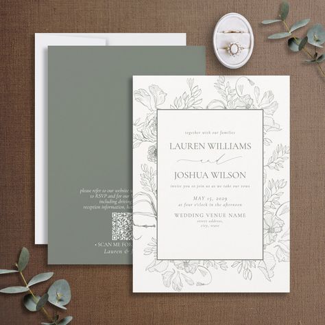 Line Art Wedding, Green Invitations, Floral Line Art, Sage Green Floral, Spring Wedding Invitations, Sage Wedding, Green Wedding Invitations, Sage Green Wedding, Ivory Roses