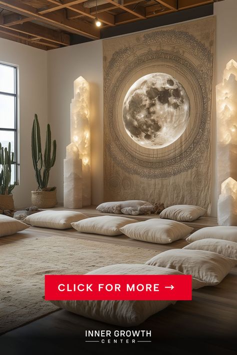 A serene meditation space featuring a large illuminated moon tapestry, floor cushions, and illuminated crystal-shaped wall lights alongside desert plants Pisces Room Aesthetic, Reiki Healing Room Ideas, Spiritual Room Aesthetic, Spiritual Room Meditation Space, Zen Nursery, Spiritual Room Ideas, Astrology Room, Healing Room Ideas, Sanctuary Room