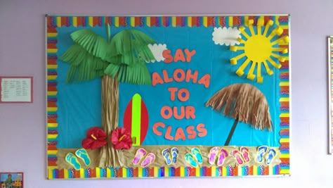 Beach Bulletin Board Classroom Door Decor Ideas, Beach Bulletin Boards, August Bulletin Boards, Summer Bulletin Board, Beach Theme Classroom, Classroom Door Decor, Door Decor Ideas, Kindergarten Bulletin Boards, Summer Bulletin Boards