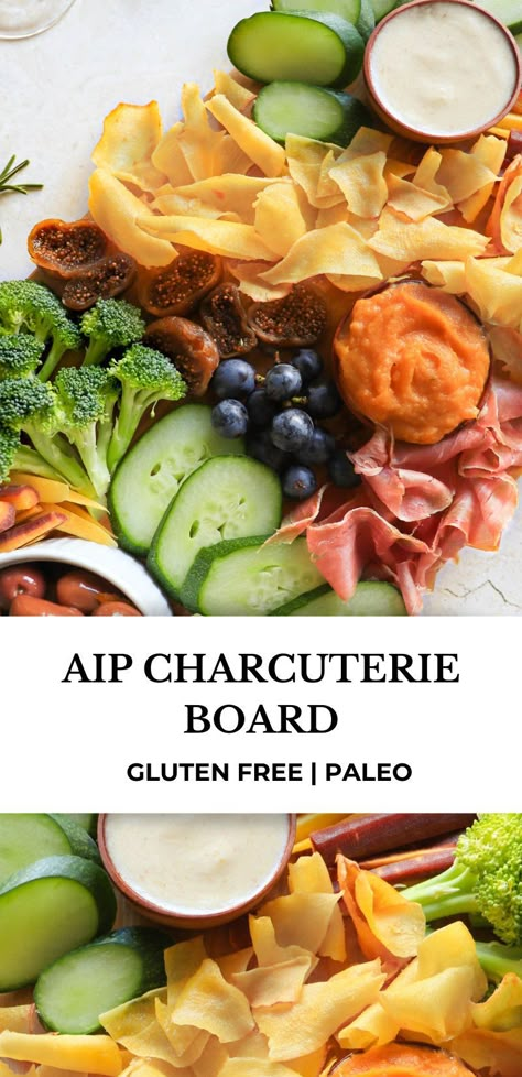 This AIP, paleo, gluten free Charcuterie Board is fun, filling and delicious. Here are all the deets for a delicious, well-balanced grazing board that's a perfect no-cook appetizer or filling enough for a main course! #aip #aiprecipes #paleo #appetizers #holidays #aipappetizers #grazingboard #charcuterie Aip Thanksgiving Appetizers, Paleo Charcuterie Board Ideas, Gf Df Charcuterie Board, Aip Picnic Food, Aip Dip Recipes, Aip Charcuterie Board, Paleo Holiday Appetizers, Paleo Charcuterie Board, Aip Appetizer Recipes