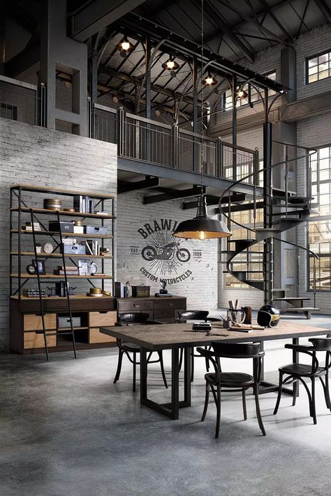 20 Best Ways To Create an Open Floor Plan - Foyr Neo Industrial Loft Design, Exposed Ceilings, Industrial Home Design, Loft Interior Design, Interior Design Per La Casa, Industrial Interior Design, Loft Interiors, Vintage Industrial Furniture, Industrial Interiors