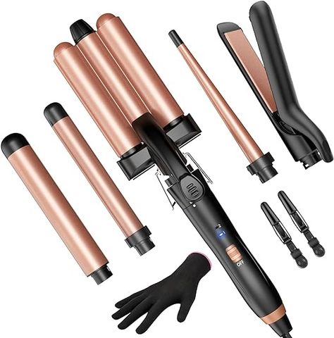 Perfect Curling Iron Set: The 5-in-1 curling iron contains a 1" straightener, a triple barrel hair waver, a tapered curling wand, and 2 curling irons (1", 1.25"). Whether straightening or curling hair, just one hair wand curler set does it all! 🌟30S Fast Heating: Hair curling iron has 2 temps (302℉, 410℉), use a suitable setting according to your personal hair type or hairstyle needs. With PTC heating technology and ceramic coating that heats quickly and evenly for efficient hairdressing. 🌟 Wand Curler, Wand Curling Iron, Flat Iron Hair, Curling Wand Set, Wand Hairstyles, Barrel Curling Iron, Hair Crimper, Hair Waver, Hair Straighteners Flat Irons