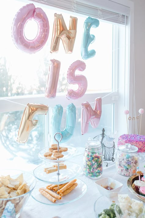 So Much Fun To Be One, It’s Fun To Be One Birthday, 1st Birthday Colour Theme, Minimal One Year Birthday, Its Fun Being One Birthday, Pastel One Year Old Birthday, One Is Fun Birthday Theme, Party Hearty Birthday, Colourful 1st Birthday Party