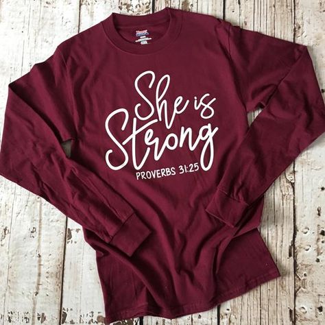 This is an inspirational reminder on this Christian shirt from Proverbs 31:25, that She Is Strong! All strong minded women need this shirt in their closet! Add one today! -Hanes Brand -Unisex Fit -100% Cotton (some colors are a cotton/ poly blend) -Includes large design on front Please leave the