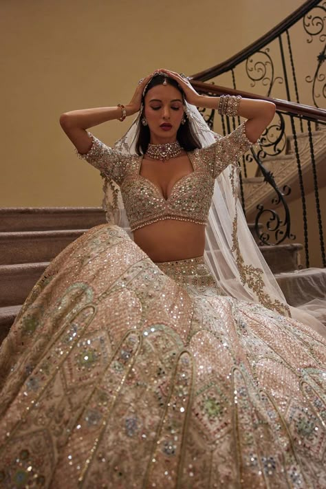 Ivory multi embroidered lehenga set – INDIASPOPUP.COM Hindu Couple, Muslim Wedding Photography, Embroidery Lehenga, Mirror Work Lehenga, Raw Silk Lehenga, Bridal Lengha, Floral Lehenga, Resham Embroidery, Desi Wedding Dresses