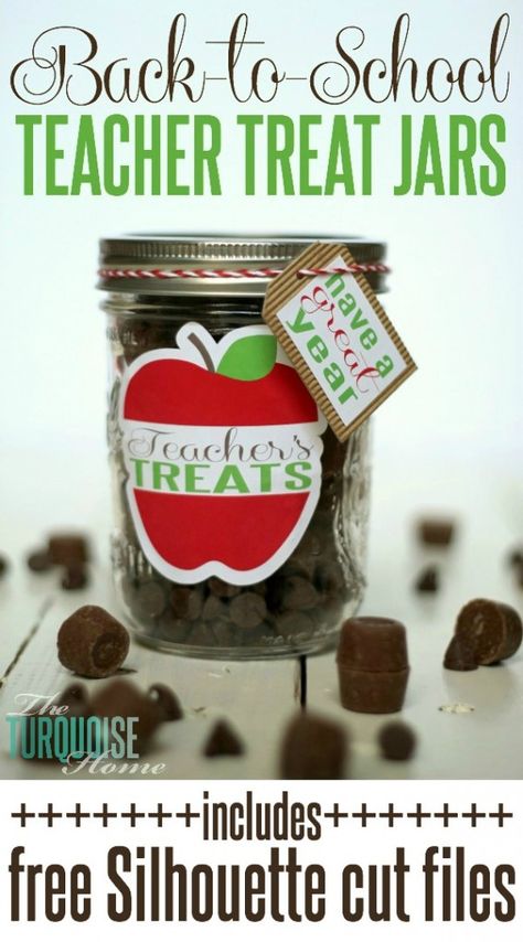 Back-to-School Teacher Treat Jars {includes free Silhouette cut files} Jar Silhouette, Appreciation Crafts, Teacher Treats, Cameo Crafts, Diy Back To School, Treat Jar, Best Teacher Gifts, Free Silhouette, Appreciation Ideas