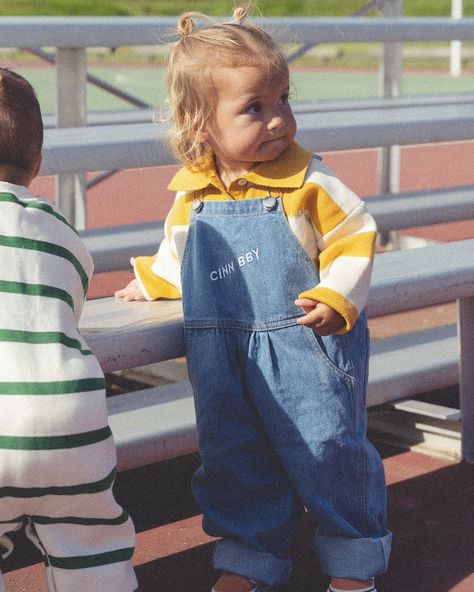 The Mustard Pullover & Denim Overalls is a VIBE ⭐️ Velvet Overalls, Gender Neutral Kids Clothes, Striped Pullover, Denim Overalls, Reference Photos, Toddler Fashion, Logo Embroidered, Pullover Sweatshirt