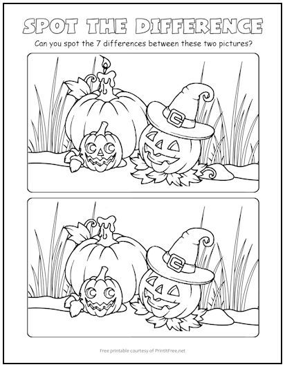 Smiling Pumpkins Spot the Difference Picture Puzzle | Print it Free Halloween Spot The Difference, Halloween Worksheets Free, Halloween Activity Sheets, Autumn Puzzle, Fall Worksheets, Halloween Puzzles, Halloween Word Search, Free Printable Halloween, Halloween Worksheets