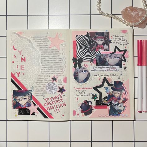 anime journal spread about my latest genshin impact 5*<3 i love this magician bby so muchhhh Journal Anime Aesthetic, Genshin Journal Ideas, Genshin Scrapbook, Genshin Impact Journal, Genshin Journal, Anime Journal Aesthetic, Anime Journal Spread Ideas, Anime Journal Ideas, Manga Journal