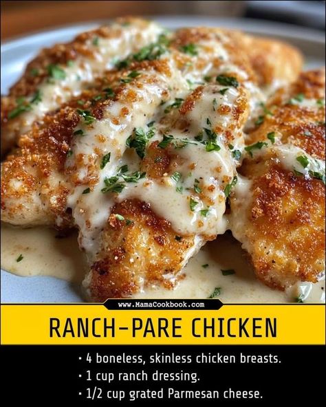 Family Cookbook Recipes | Ranch-paresman Chicken | Facebook Ranch Recipes, Ranch Recipe, Family Cookbook, Ranch Chicken, Juicy Chicken, Ranch Dressing, Skinless Chicken Breast, Parmesan Cheese, Grated Parmesan Cheese