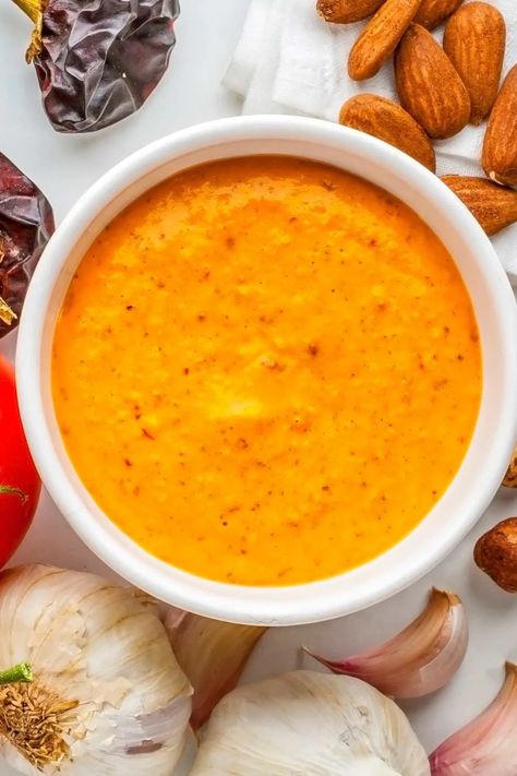 Mediterranean Sauce, Romesco Sauce Recipe, Barcelona Food, Romesco Sauce, Crispy Potatoes, Toasted Almonds, Tomato Recipes, Food Source, Jamie Oliver