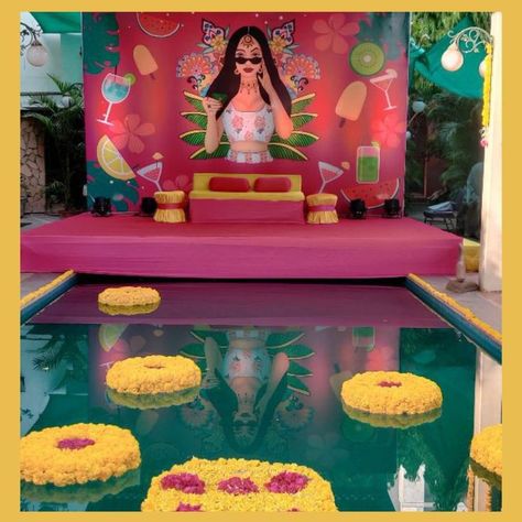 Pool Side Mehendi Decor, Mehndi Decoration Ideas Backdrops, Poolside Mehendi Decor, Pool Haldi Decor, Poolside Mehndi, Pool Party Backdrop Ideas, Poolside Haldi Decor, Pool Side Haldi Decor, Sabyasachi Decor