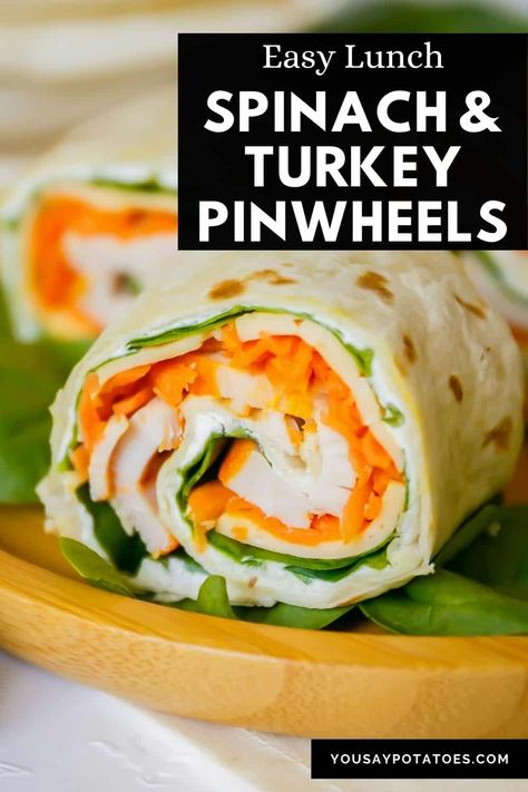 These Turkey Pinwheels with spinach are tasty and super easy to make! The rolled-up tortillas are a great way to change up your lunch routine, and they're perfect for parties too. Plus, they're customizable so you can add your favorite ingredients! Turkey Roll Ups Tortilla, Spinach Tortilla Wraps, Healthy Rolls, Tortilla Pinwheels Recipe, Turkey Pinwheels, Turkey Lunch, Turkey Lunch Meat, Turkey Roll, Turkey Roll Ups