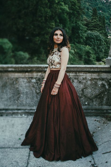 Brown two-piece wedding dress | Image by LaTo Photography Indian Wedding Dress Modern, Red Satin Prom Dress, Indian Gowns, Beaded Prom Dress, Dress Images, Indian Wedding Outfits, Lehenga Designs, Indian Designer Outfits, Indian Wedding Dress