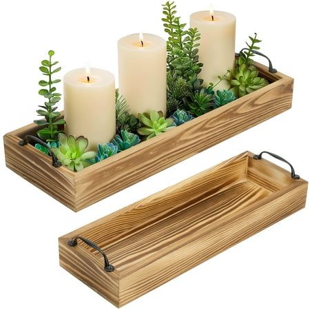 LotFancy rectangular serving Tray made of solid pine wood, two cutout handles for easy carrying. Our wood tray will add a nice rustic touch to any space. Rustic centerpiece tray is great to use as a decorative centerpiece with candles, flowers, plants and other home decor on the dining table, coffee table, kitchen island, ottoman or countertop. Our long narrow tray can be used as a kitchen tray to hold condiments, mason jars, use as a bathroom tray to keep makeup, keep your vanity organized, as Whiskey Tray Decor, Long Tray Decor, Rectangle Tray Decor Ideas, Rectangle Farmhouse, Table Tray Decor, Couch Tray, Food Competition, Centerpiece Tray, Rustic Table Centerpieces