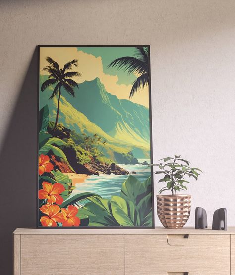 Vintage Tropical Aesthetic, Hawaiian Bedroom, Retro Palm Tree, Hawaii Art Print, Waves Of The Ocean, Beach Art Print, Tiki Lounge, Palm Tree Art, Hawaiian Decor