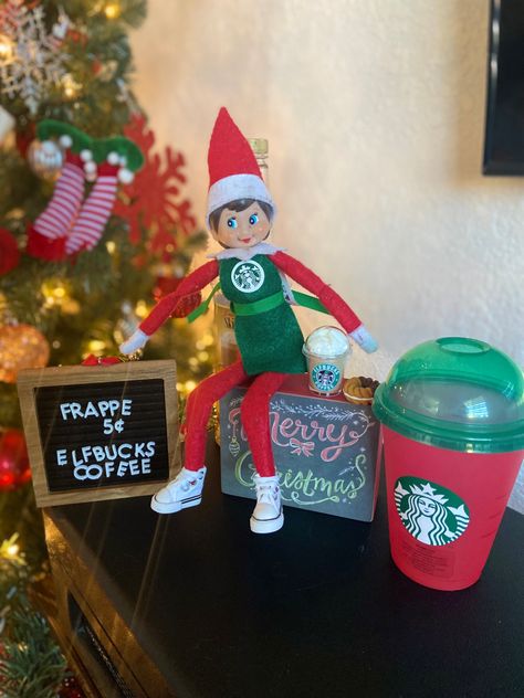 Elf on the Shelf Ideas - Elfbucks Coffee Elf On The Shelf Starbucks, Elf On The Shelf Coffee, Elf On Shelf, Starbucks Barista, Elf Ideas, Elf On The Shelf Ideas, Shelf Ideas, Frappe, On The Shelf