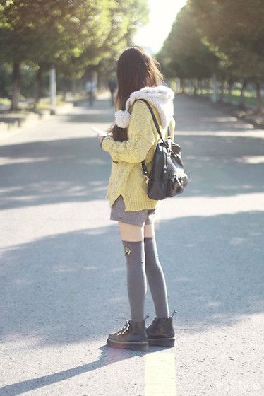 Cardigan, Shorts, Platform Boots, Leather Backpack, Over Knee Socks Thigh High Socks Outfit, High Socks Outfits, Socks Outfit, Over Knee Socks, Sock Outfits, Asian Street Style, Yellow Hoodie, Thigh High Socks, Ulzzang Fashion