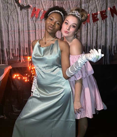 Tiana And Charlotte Inspired Outfits, Charlotte And Tiana Costume Halloween, Tiana And Charlotte Costume Ideas, Tiana And Charlotte Halloween Costume, Tiana And Charlotte Costume Halloween, Princess Tiana And Charlotte Costume, Tiana And Lottie Halloween Costume, Charlotte Halloween Costume, Mine Costume