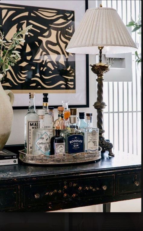 Drinks Tray On Sideboard, Home Bar Tray, Bar Dresser Styling, Styling A Bar Cabinet, Bar Cart Tray, Drinks Tray Styling, Home Bar Styling, Bar Tray Ideas, Bar Home Ideas