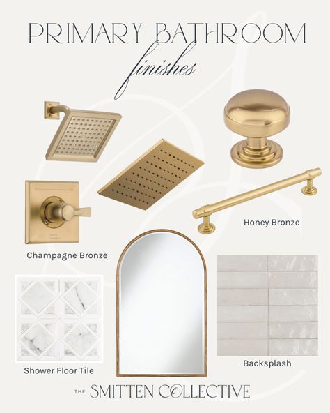 Champagne Bronze Bathroom Fixtures, Delta Champagne Bronze Bathroom, Champagne Bronze Light Fixtures, Bronze Shower Fixtures, Arched Vanity Mirror, Champagne Bronze Kitchen Hardware, Mixing Metals In Bathroom, Bronze Bathroom Light Fixtures, Gold Shower Fixtures