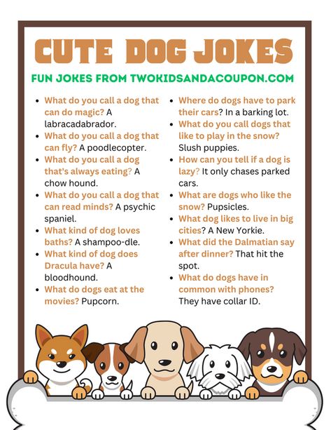 We have more fun kid jokes for your family to enjoy! Our recent cow jokes have been such a hit, the Two Kids and a Coupon team has put together more fun jokes to enjoy. Our next set of jokes for kids involves many family’s favorite four legged friends. Dogs are loyal and lovable members of our family, and they also bring us lots of laughs too. We hope you enjoy these dog jokes with your children. Be sure to print the free printable joke sheet to save for later! Funny Animal Jokes Hilarious, Animal Jokes Hilarious, Cow Jokes, Birthday Card Puns, Kid Jokes, Funny Dog Jokes, Fun Jokes, Puppy Birthday Parties, Dog Jokes