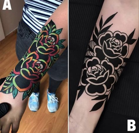 Black And Pink Sleeve Tattoo, Long Tattoo Cover Up Ideas, Black Work Leg Tattoo, Cover Up Tattoos Wrist, Black And Color Tattoo, Traditional Tattoo Wrist, Traditional Tattoo Cover Up, Wrist Cover Up Tattoos, Tattoo Coverup Ideas