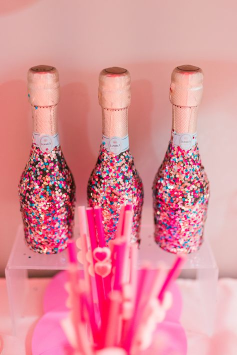 Because WINE not cover a champagne bottle in glitter?  @carolinebellcreative used Beacon Felt Glue for this fun DIY! #MadeWithBeacon Disco Wine Bottle, Decorated Veuve Bottle, Wine Bachelorette Party Ideas, Rhinestone Champagne Bottle, Disco Champagne Bottle, Painted Champagne Bottle Diy, Glitter Liquor Bottle Diy, Painted Champagne Bottle 21st Birthday, How To Paint A Champagne Bottle