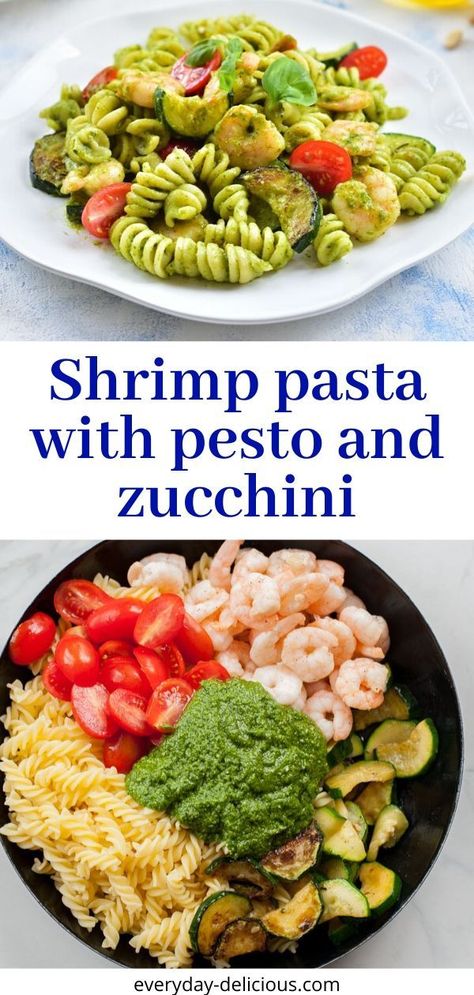 This shrimp pesto pasta with zucchini is simple, delicious, and colorful – it looks so pretty on a plate. It’s a great idea for a quick lunch after work and perfect as well for a more elegant occasion. This light and flavorful dish is really a keeper! Pesto Pasta With Zucchini, Shrimp Zucchini Recipes, Shrimp Zucchini Pasta, Pesto Dishes, Shrimp Pesto Pasta, Pasta With Pesto, Pasta With Zucchini, Shrimp Zucchini, Basil Pesto Pasta