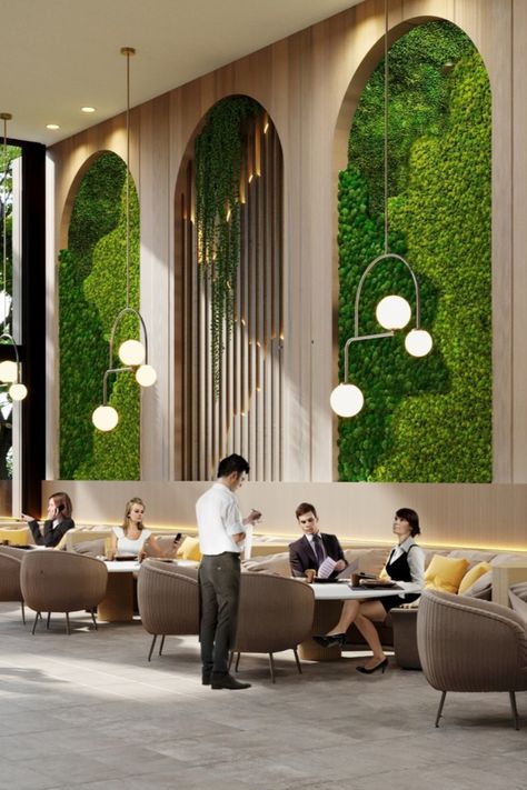 Biophilic Design Restaurant, Moss Wall Interior Design, Restaurant Green Wall Design, Biophilic Hotel Design, Biophilic Cafe Design, Biophilic Restaurant Design, Art Deco Lobby Design, Biophilic Reception Design, Biophilic Wall Design