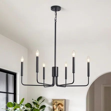 Gracie Oaks Roxsanne 6 - Light Candle Style Classic Chandelier | Wayfair Black Dining Room Light Fixture, Black Farmhouse Chandelier, Modern Farmhouse Chandelier, Dining Room Light Fixture, Lighting Fixtures Kitchen Island, Island Light Fixtures, Classic Chandelier, Black Light Fixture, Black Dining Room