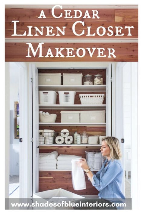 This beautiful linen closet makeover features cedar planks as a backdrop against white melamine shelves and white and linen bins and baskets. Learn about all the supplies and tools needed to give your own closet a cedar-lined makeover! Melamine Shelves, Woodworking Diy Gifts, Closet Redesign, Linen Closet Makeover, Cedar Lined Closet, Tiny House Closet, White Storage Baskets, Closet Transformation, Closet Makeover Diy