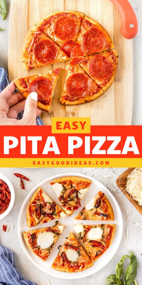 Easy Pita Pizza that can be customized with all of your favorite pizza toppings. When you use prepared pita as the pizza crust, it’s so simple to make mini pizzas. You don’t have to worry about making dough – just add your toppings, bake, and enjoy! Joseph’s Pita Bread Pizza, Pita Pizza Recipes, Pita Bread Pizza, Vegetable Recipes Dinner, Beginners Recipes, Making Dough, Pita Pizza, Best Vegetable Recipes, Pita Pizzas