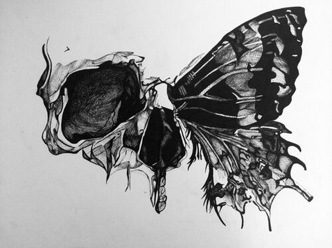 Skull and butterfly Half Butterfly Half Bat Tattoo, Creepy Butterfly Tattoo, Skull Butterfly Tattoo, Half Skull, Kunst Tattoos, Geniale Tattoos, Butterfly Tattoos, Butterfly Tattoo Designs, Skull Tattoo Design